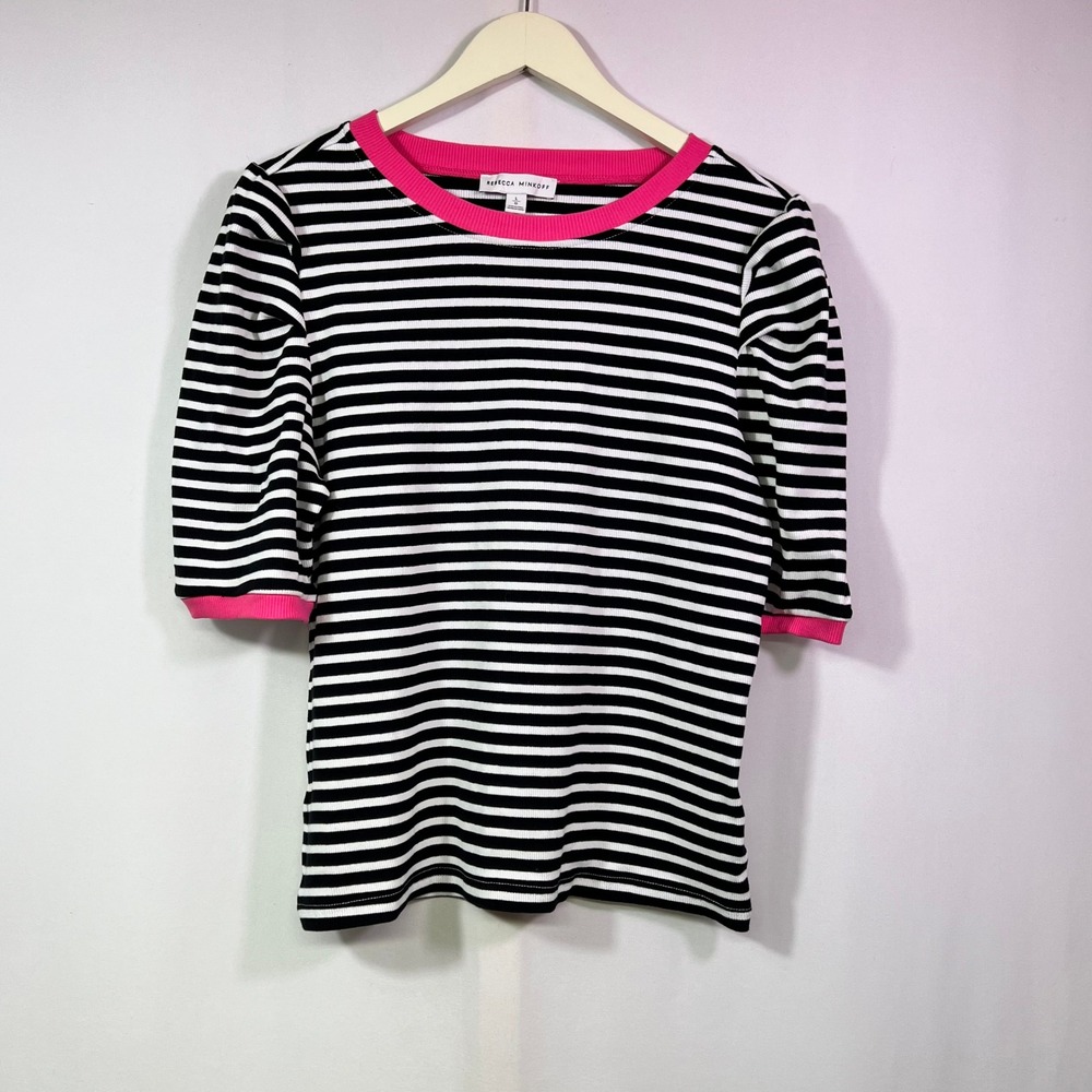 Rebecca Minkoff Black White Striped Puff Sleeve Ribbed Top Pink Trim Large